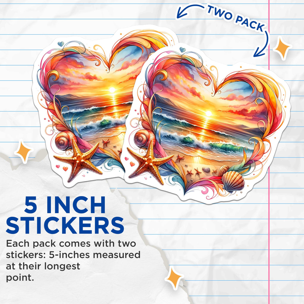(2 Pack) Beach Heart Stickers - Ocean Sunset Art - Seashell Starfish Decals- 5" On Longest Side - Sticks to Smooth Flat Surfaces - Made in USA - BMCS16462