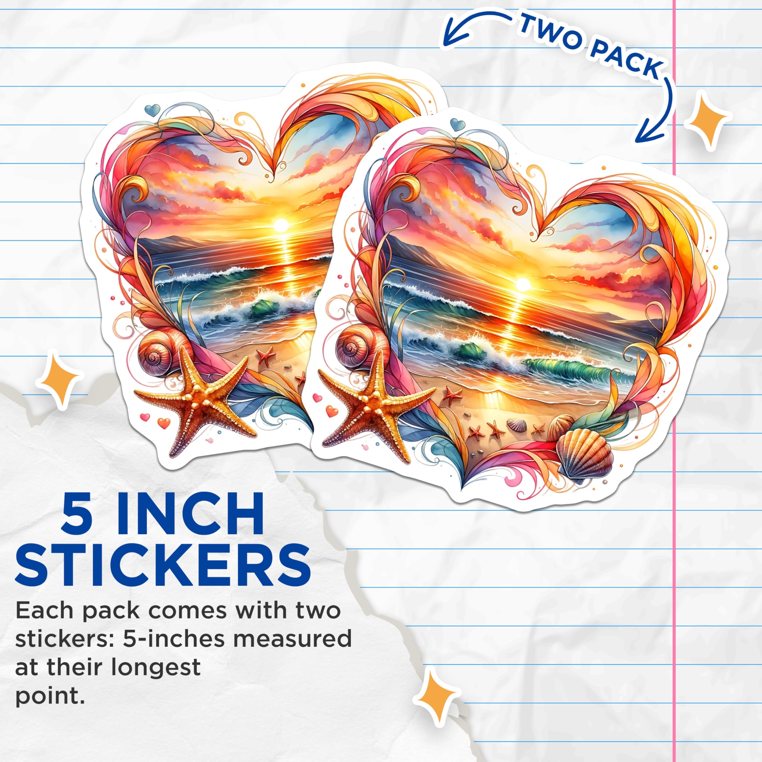 (2 Pack) Beach Heart Stickers - Ocean Sunset Art - Seashell Starfish Decals- 5" On Longest Side - Sticks to Smooth Flat Surfaces - Made in USA - BMCS16462