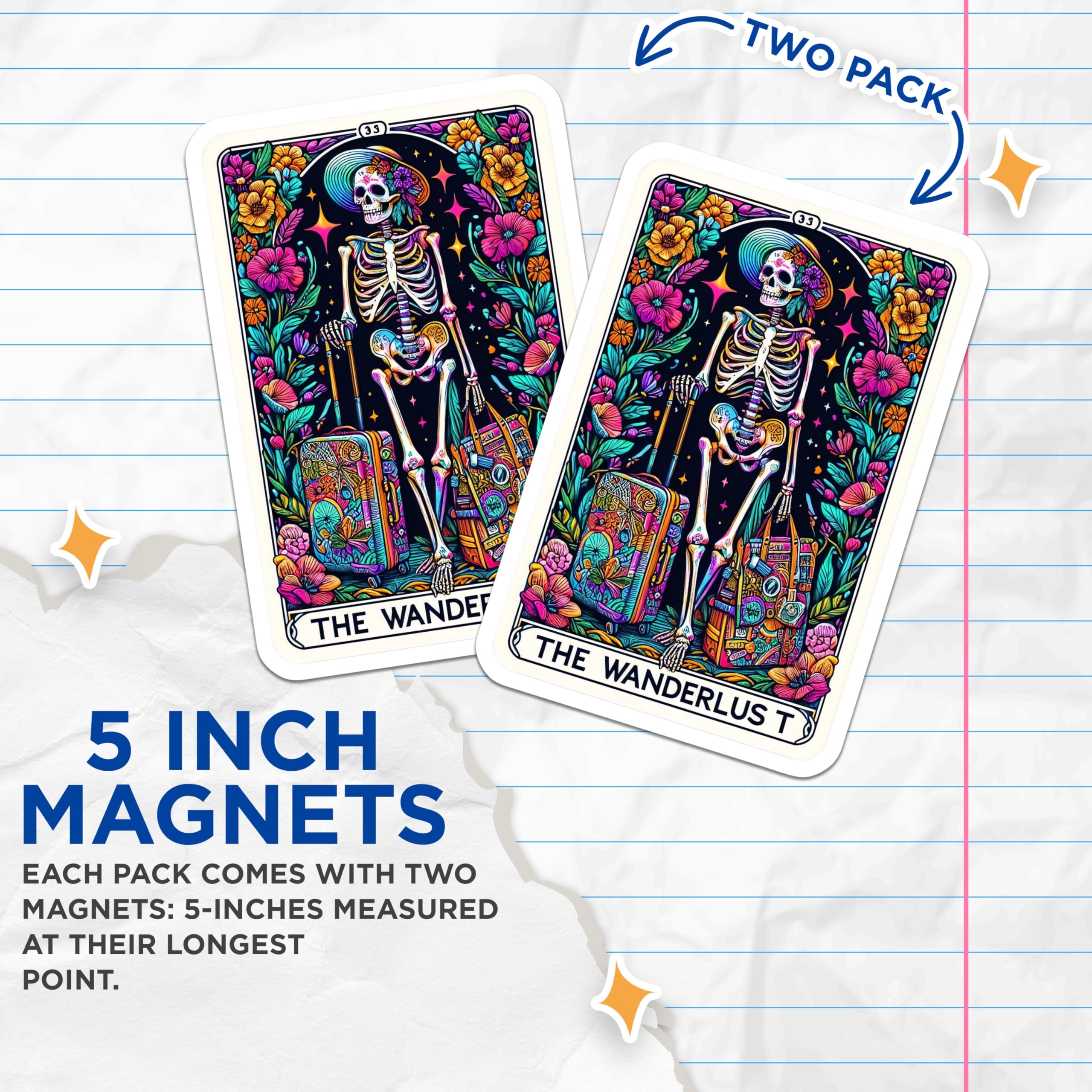 (2 Pack) Wanderlust Skeleton Magnets - Psychedelic Floral Traveler Art - Bohemian Mystical Decor and Adventure Reminders - 5 Inches On Longest Side - Thick Durable Magnet - Made in USA - MAG24036