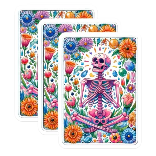 (3 Pack) Floral Skeleton Decals - Meditating Skeleton - Colorful Skeleton Decals - 3 Inches On Longest Side - Easy Peel & Apply - Made in USA - 3MCS8181