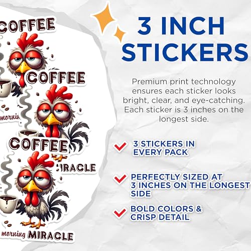 (3 Pack) Chicken Coffee Decals - Funny Rooster Decal - Morning Miracle Laptop Decal - 3 Inches On Longest Side - Easy Peel & Apply - Made in USA - 3MCS1594