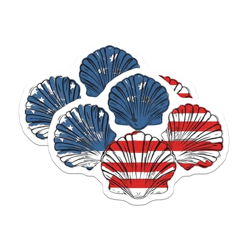 (2 Pack) Coastal Patriotic Shell Stickers - Beach Shell Decal - American Flag Theme - 5" On Longest Side - Sticks to Smooth Flat Surfaces - Made in USA - BMCS8970