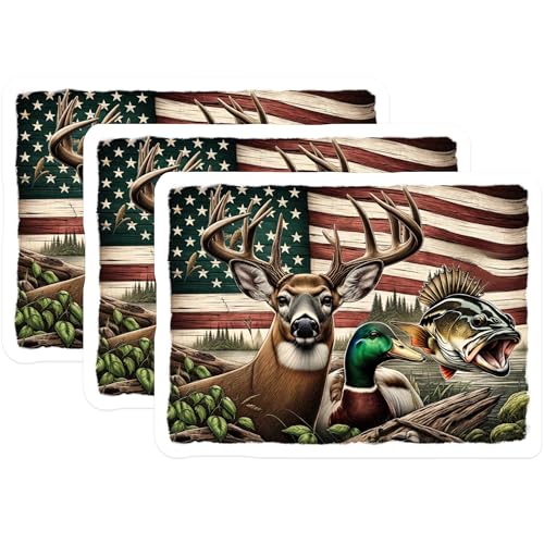 (3 Pack) Hunting Fishing Decals - USA Flag - Deer Duck Bass Sticker - 3 Inches On Longest Side - Easy Peel & Apply - Made in USA - 3MCS7417