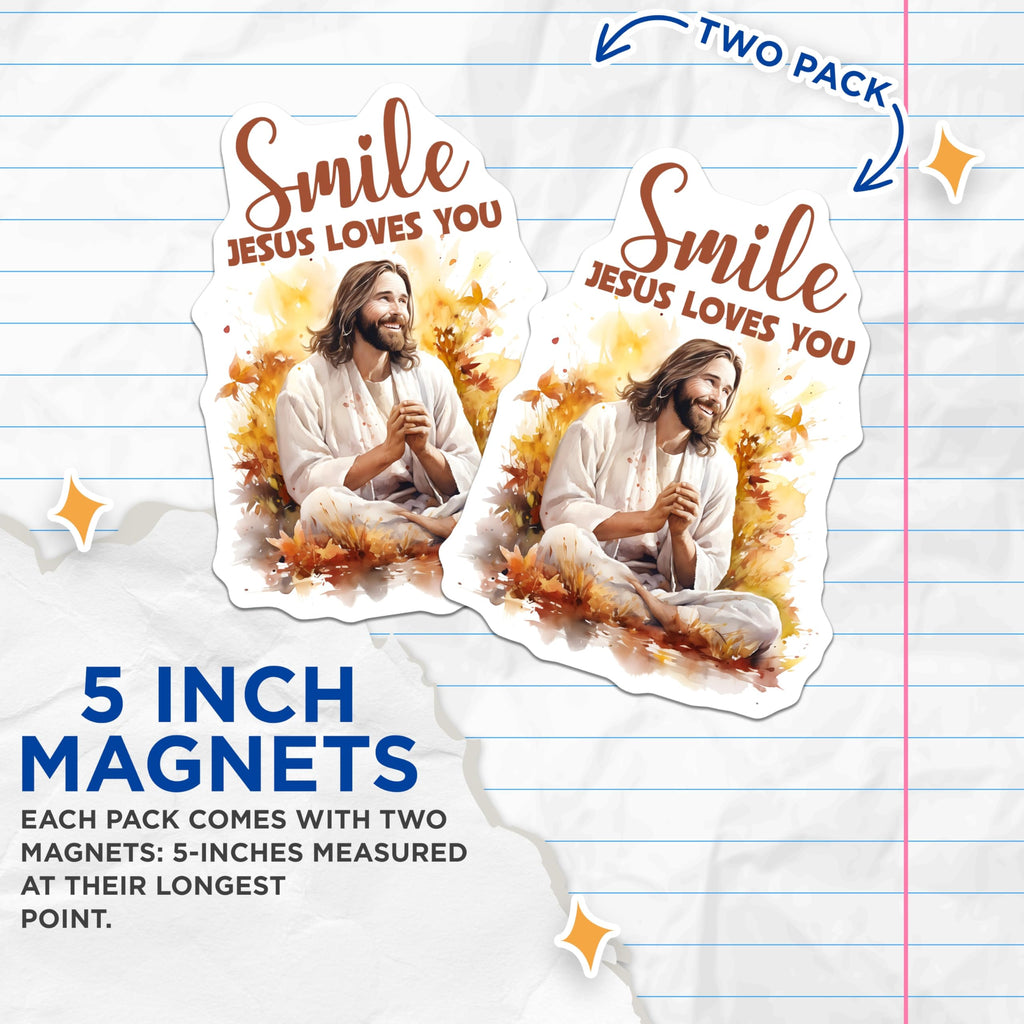 (2 Pack) Jesus Christ Magnets - Smile Jesus Loves You - Christian Spiritual Refrigerator Accent - 5 Inches On Longest Side - Thick Durable Magnet - Made in USA - MAG19489