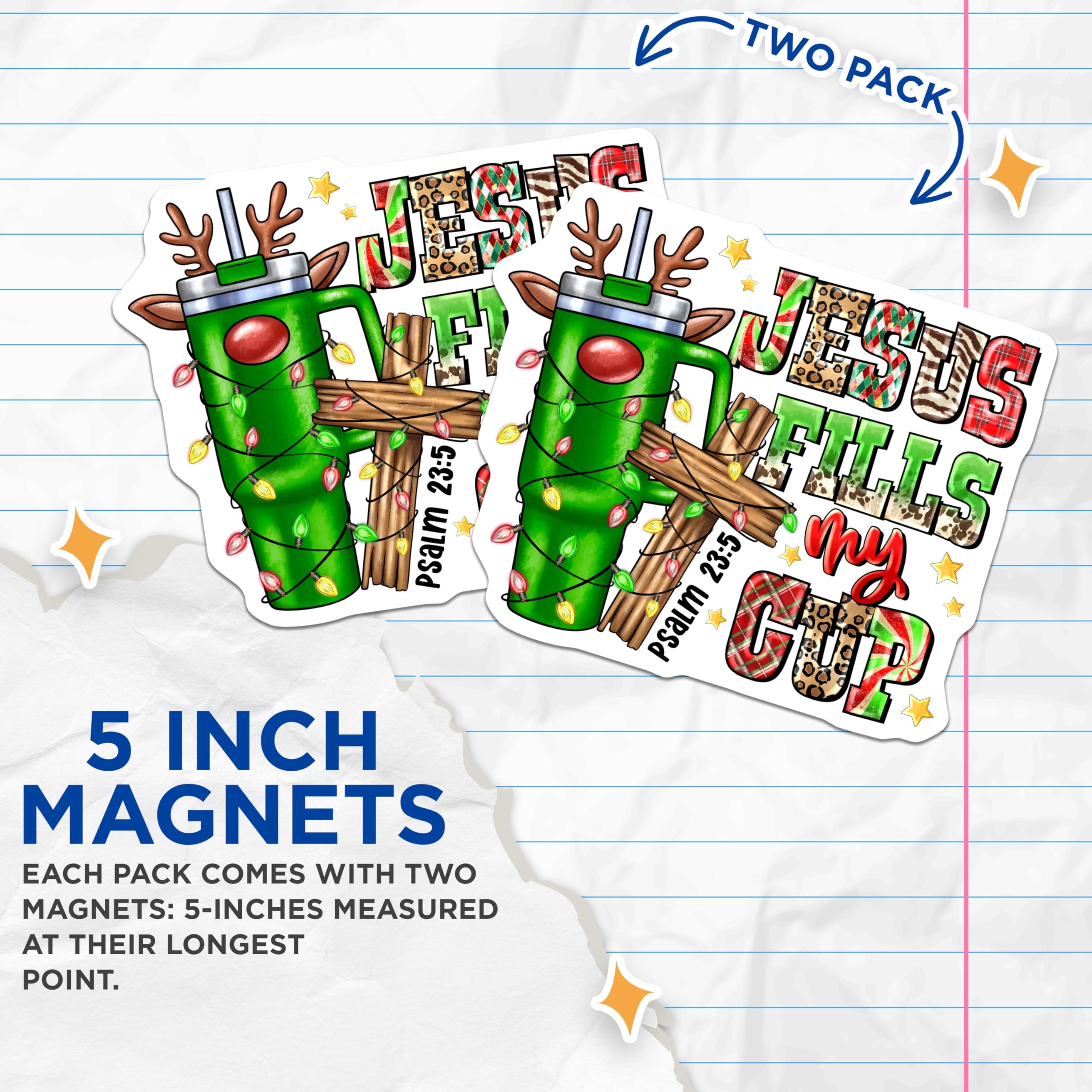 (2 Pack) Jesus Fills My Cup Magnets - Christian Christmas Decor - Holiday Reindeer Design - 5 Inches On Longest Side - Thick Durable Magnet - Made in USA - MAG25076