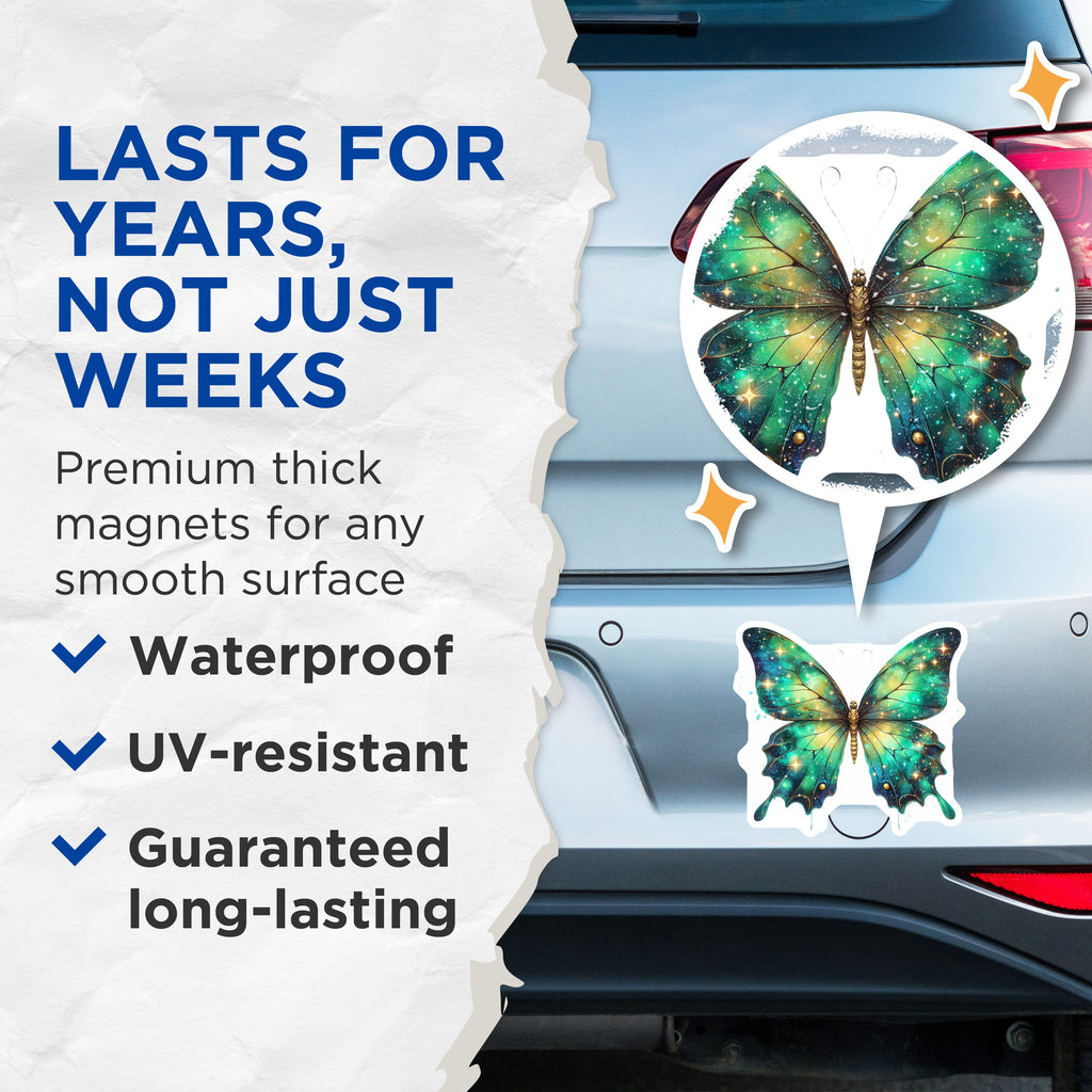 (2 Pack) Cosmic Butterfly Magnets - Emerald Galaxy Aesthetics - Vibrant Nature Decor - Mystical Locker Art - 5 Inches On Longest Side - Thick Durable Magnet - Made in USA - MAG36561