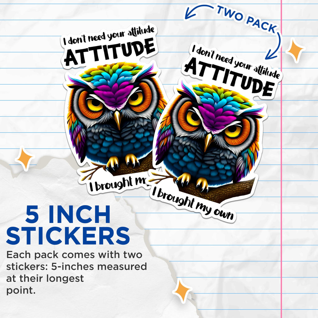 (2 Pack) Attitude Owl Stickers - Colorful Owl Art Stickers - Funny Attitude Stickers - 5" On Longest Side - Sticks to Any Smooth Flat Surface - Made in USA - BMCS2936