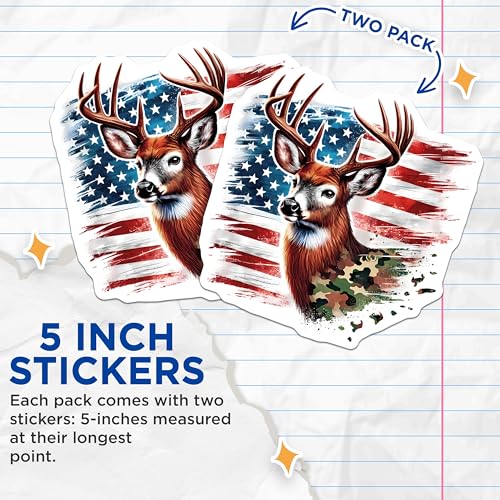 (2 Pack) Deer and American Flag Stickers - Patriotic Hunting Theme - Outdoor Adventure Decals - 5" On Longest Side - Sticks to Smooth Flat Surfaces - Made in USA - BMCS9833