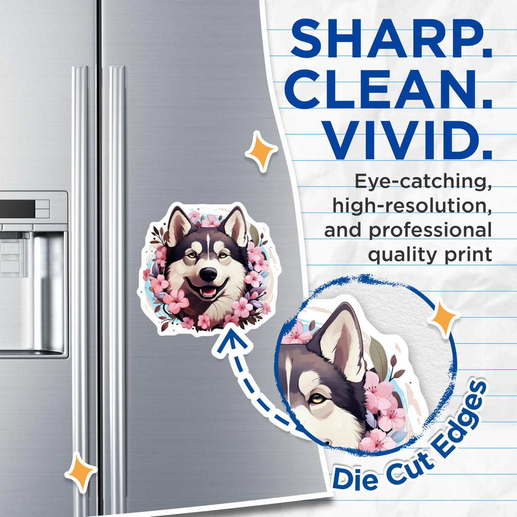(2 Pack) Siberian Husky Magnets - Smiling Dog Floral Art - Cherry Blossom Pet Lover Decor - 5 Inches On Longest Side - Thick Durable Magnet - Made in USA - MAG24938