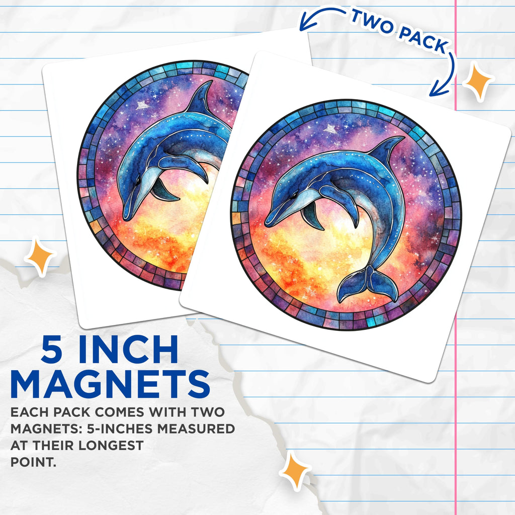 (2 Pack) Dolphin Galaxy Magnets - Celestial Ocean Decor - Watercolor Marine Life Fridge Magnet - 5 Inches On Longest Side - Thick Durable Magnet - Made in USA - MAG30793