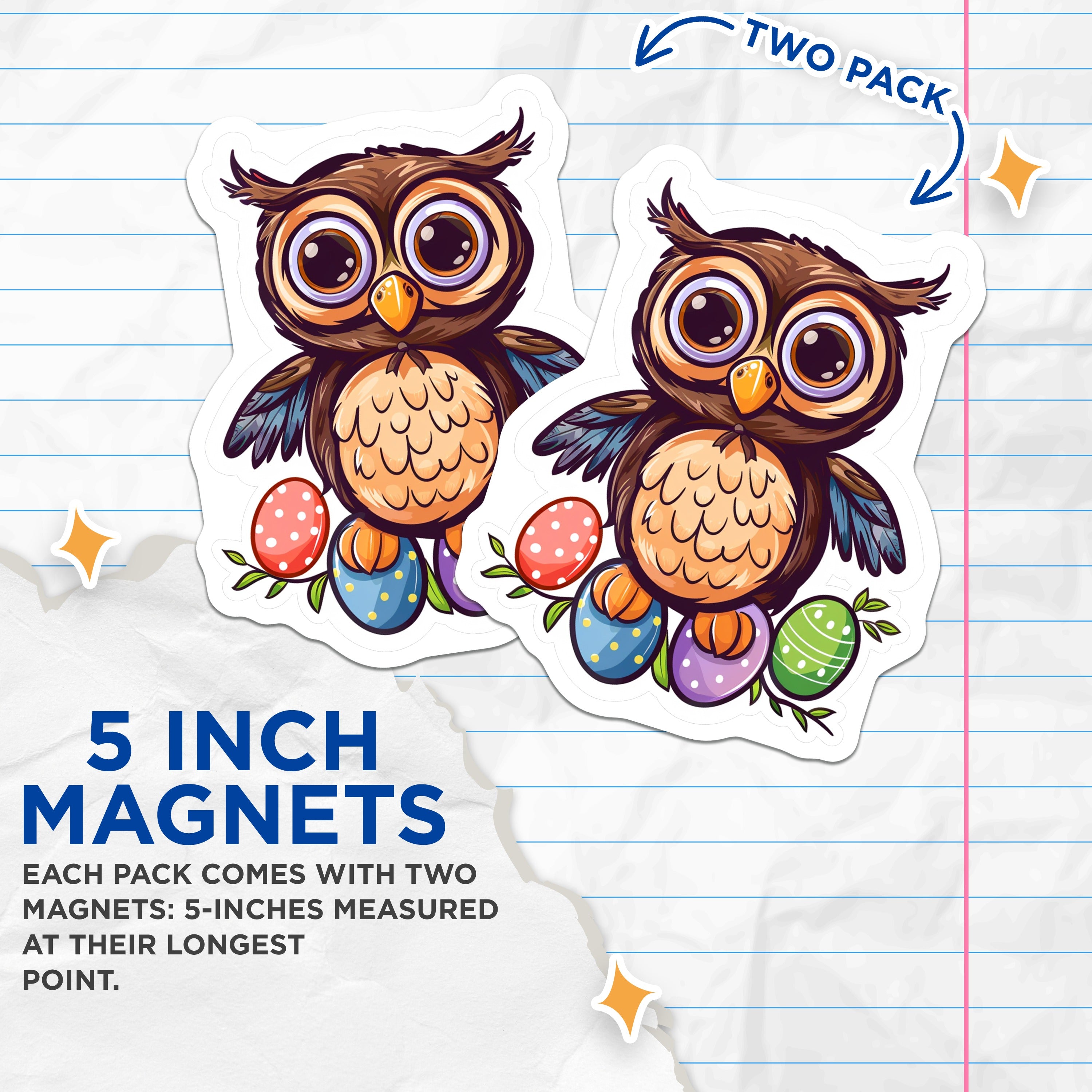 (2 Pack) Easter Owl Magnets - Spring Animal Fridge Decor - Whimsical Kitchen Locker Magnet - 5 Inches On Longest Side - Thick Durable Magnet - Made in USA - MAG37558