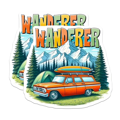 (2 Pack) Wanderer Adventure Stickers - Mountain Car Camping Stickers - Outdoor Explorer Stickers - 5" On Longest Side - Sticks to Any Smooth Flat Surface - Made in USA - BMCS3271
