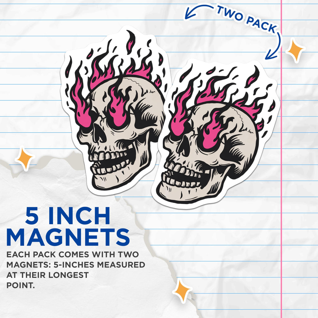 (2 Pack) Flaming Skull Magnets - Hot Pink Fire Skull Decor - Gothic Aesthetic - Refrigerator Locker Magnet - 5 Inches On Longest Side - Thick Durable Magnet - Made in USA - MAG22650