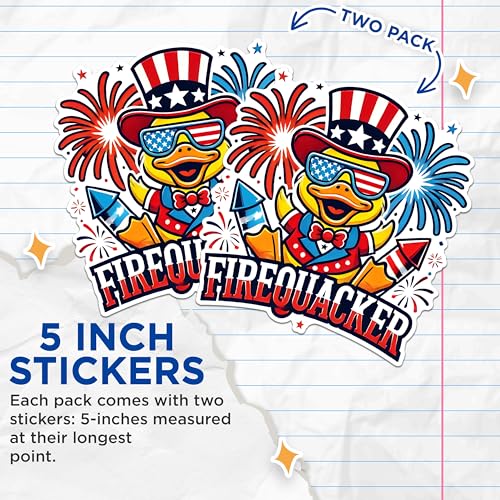 (2 Pack) Firequacker Duck Stickers - Patriotic Duck Stickers - Independence Day Cartoon Stickers - 5" On Longest Side - Sticks to Any Smooth Flat Surface - Made in USA - BMCS2717