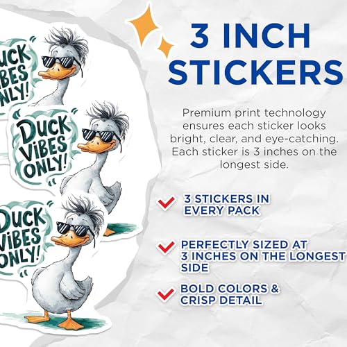 (3 Pack) Duck Vibes Only Decals - Cool Animal Art Stickers - Quirky Laptop Decals - 3 Inches On Longest Side - Easy Peel & Apply - Made in USA - 3MCS7313