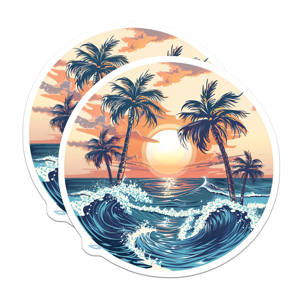 (2 Pack) Tropical Beach Magnets - Sunset Ocean Waves - Retro Palm Tree Art Fridge - 5 Inches On Longest Side - Thick Durable Magnet - Made in USA - MAG37040