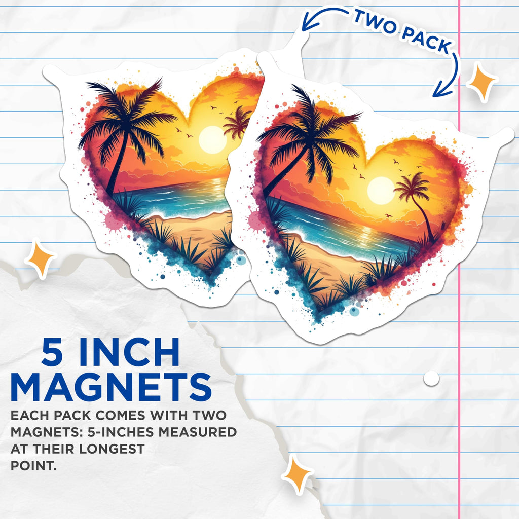 (2 Pack) Tropical Beach Sunset Heart Magnets - Palm Tree Ocean Scenery - Romantic Summer Vacation Refrigerator Art - 5 Inches On Longest Side - Thick Durable Magnet - Made in USA - MAG23843