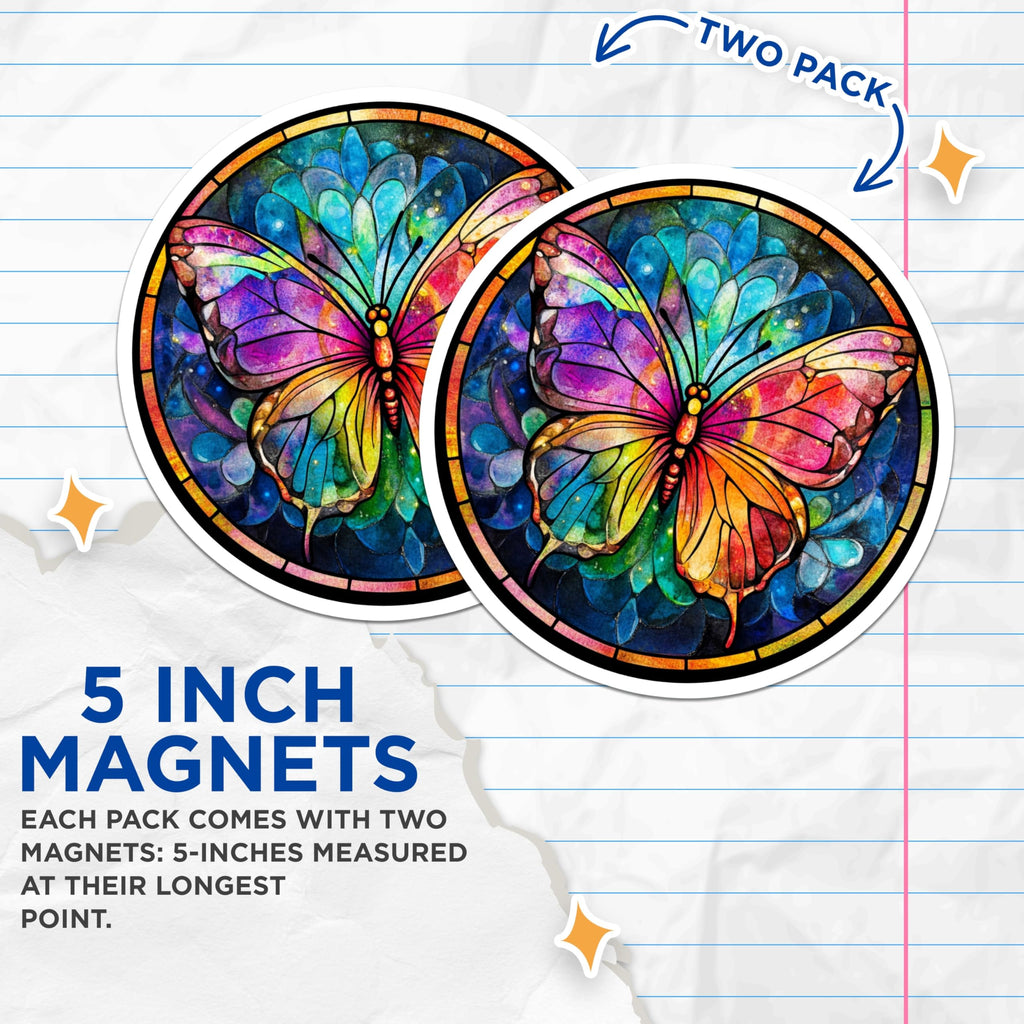 (2 Pack) Stained Glass Butterfly Magnets - Vibrant Rainbow Insect - Boho Fridge Locker Decor - Nature Lover Art - 5 Inches On Longest Side - Thick Durable Magnet - Made in USA - MAG25370