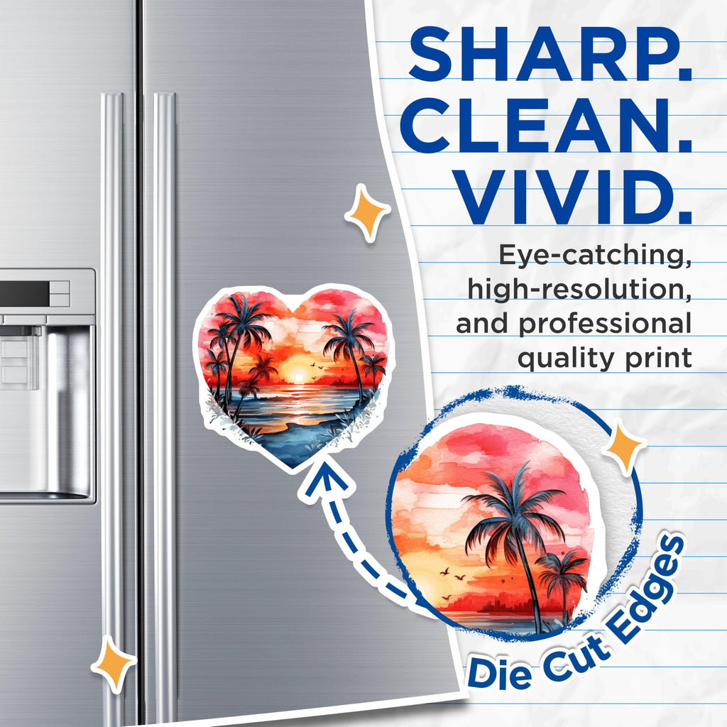(2 Pack) Tropical Sunset Magnets - Heart Beach Landscape - Watercolor Palm Tree Decor - Coastal Ocean Vibe - 5 Inches On Longest Side - Thick Durable Magnet - Made in USA - MAG21463