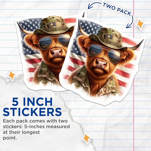 (2 Pack) Military Highland Cow Stickers - American Flag - Sunglasses Cow - 5" On Longest Side - Sticks to Smooth Flat Surfaces - Made in USA - BMCS6368