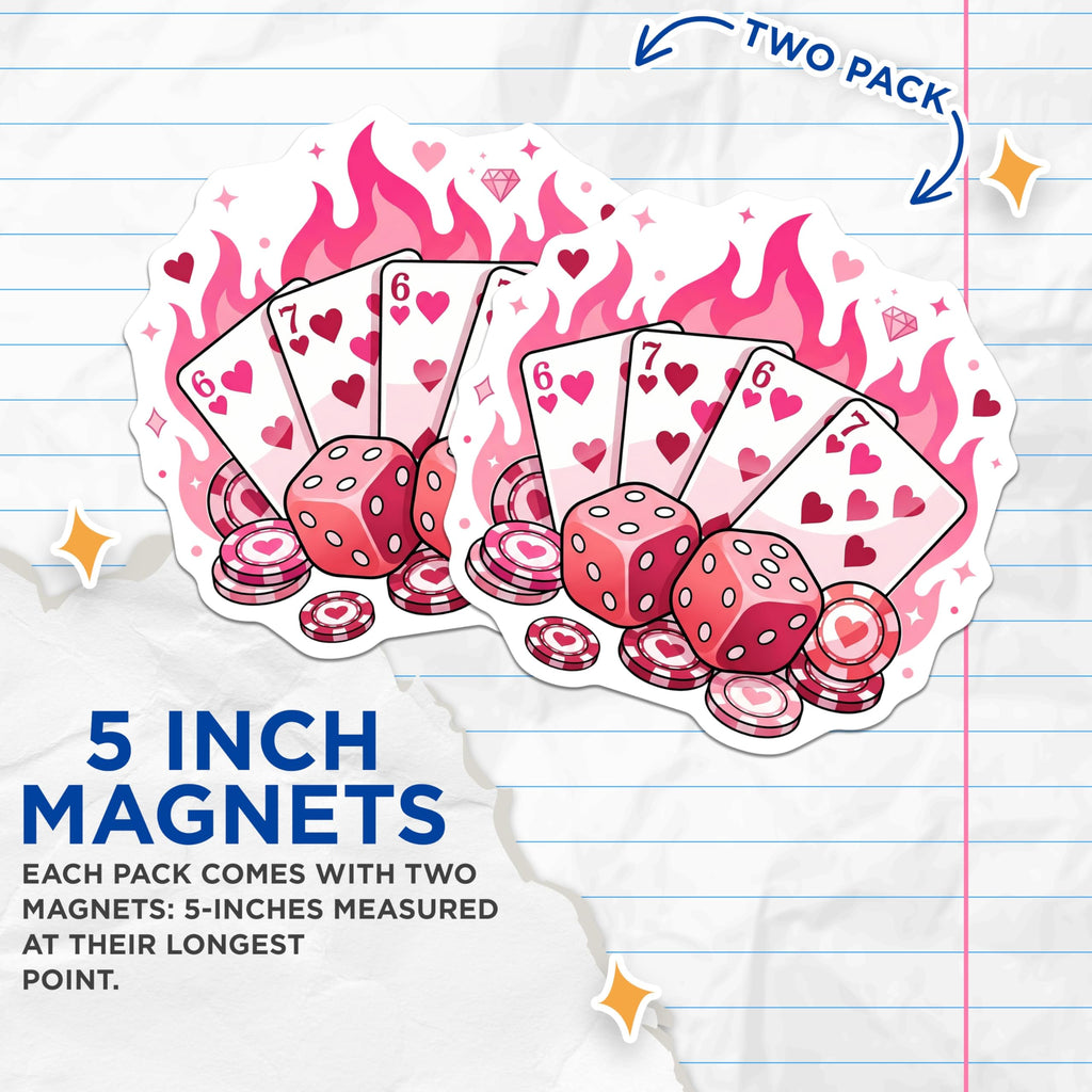 (2 Pack) Casino Magnets - Lucky Dice - Poker Night Decor - 5" On Longest Side - Premium Magnet - for Cars, Refrigerators, Toolboxes, Lockers - Made in USA - MAG16691