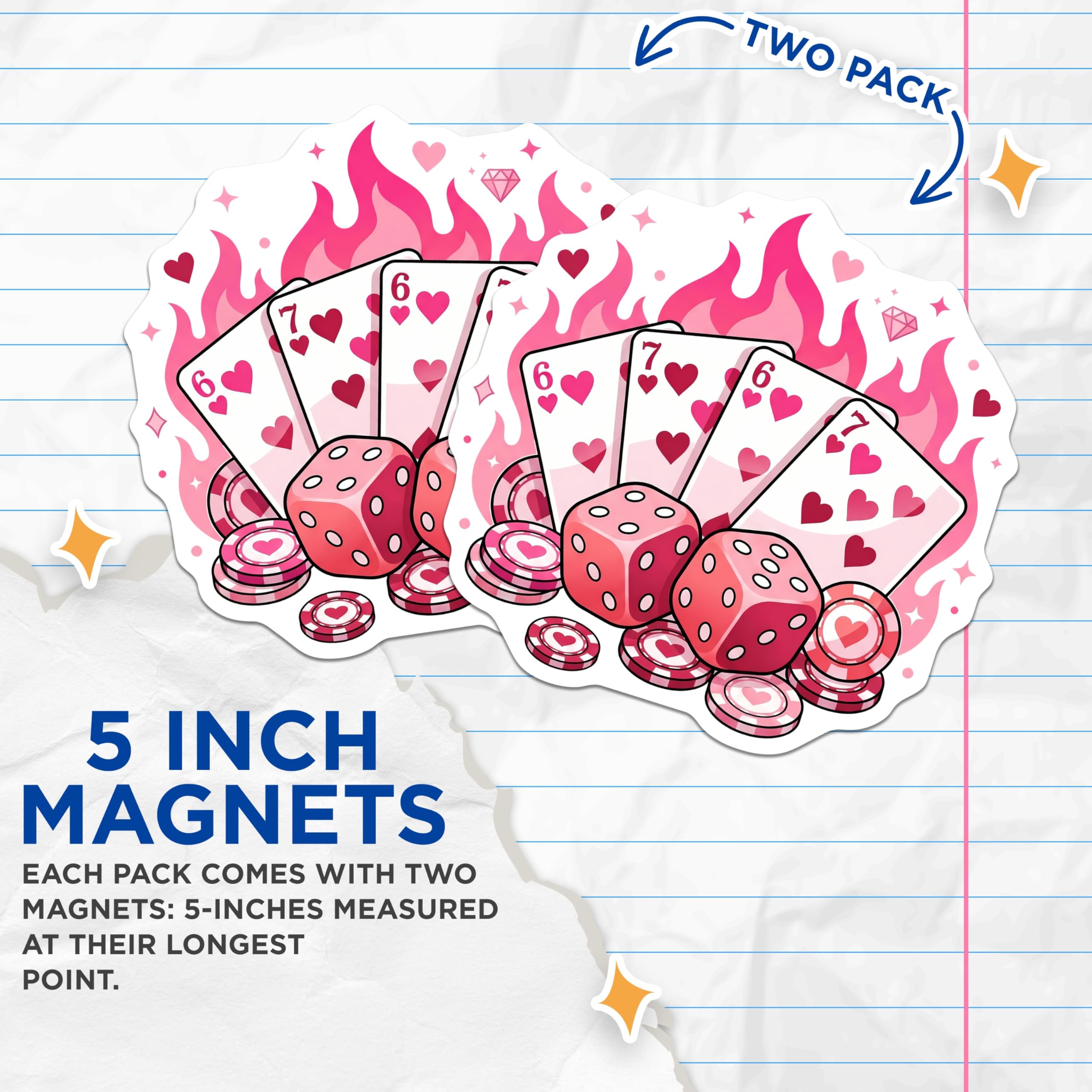 (2 Pack) Casino Magnets - Lucky Dice - Poker Night Decor - 5" On Longest Side - Premium Magnet - for Cars, Refrigerators, Toolboxes, Lockers - Made in USA - MAG16691