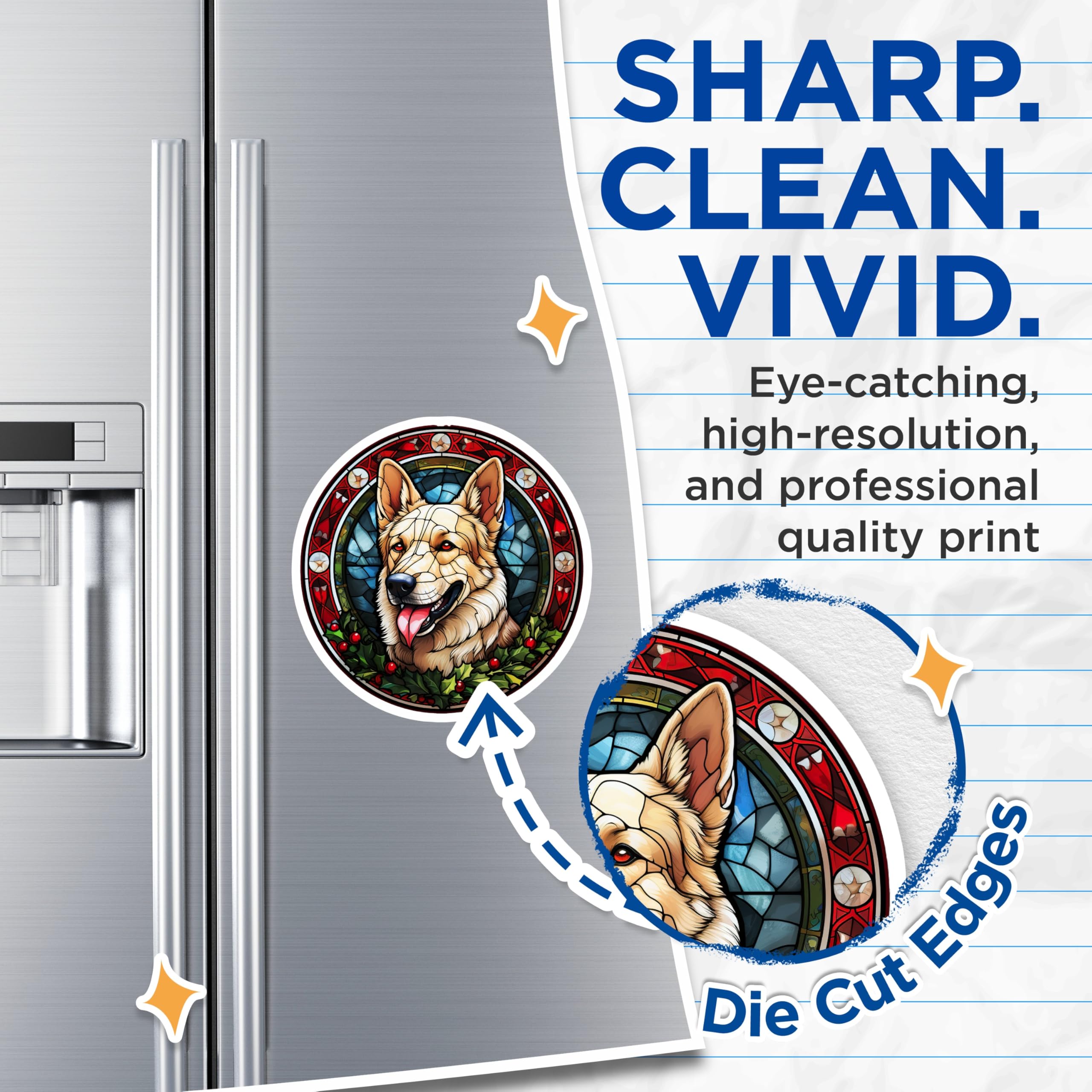 (2 Pack) German Shepherd Magnets - Stained Glass Dog - Christmas Pet Decor - Holiday Fridge Decoration - 5 Inches On Longest Side - Thick Durable Magnet - Made in USA - MAG29936