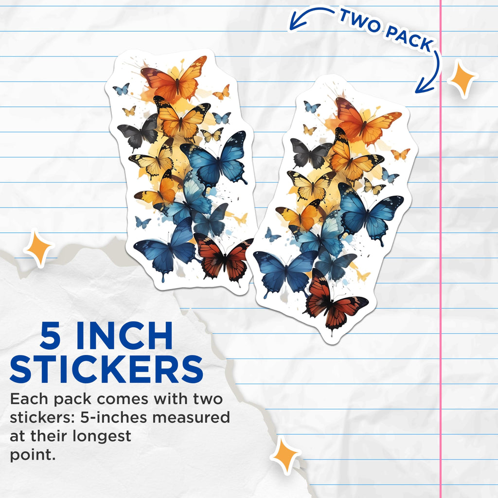 (2 Pack) Butterfly Stickers - Colorful Butterfly Decals - Nature Inspired Sticker - 5" On Longest Side - Sticks to Smooth Flat Surfaces - Made in USA - BMCS14288