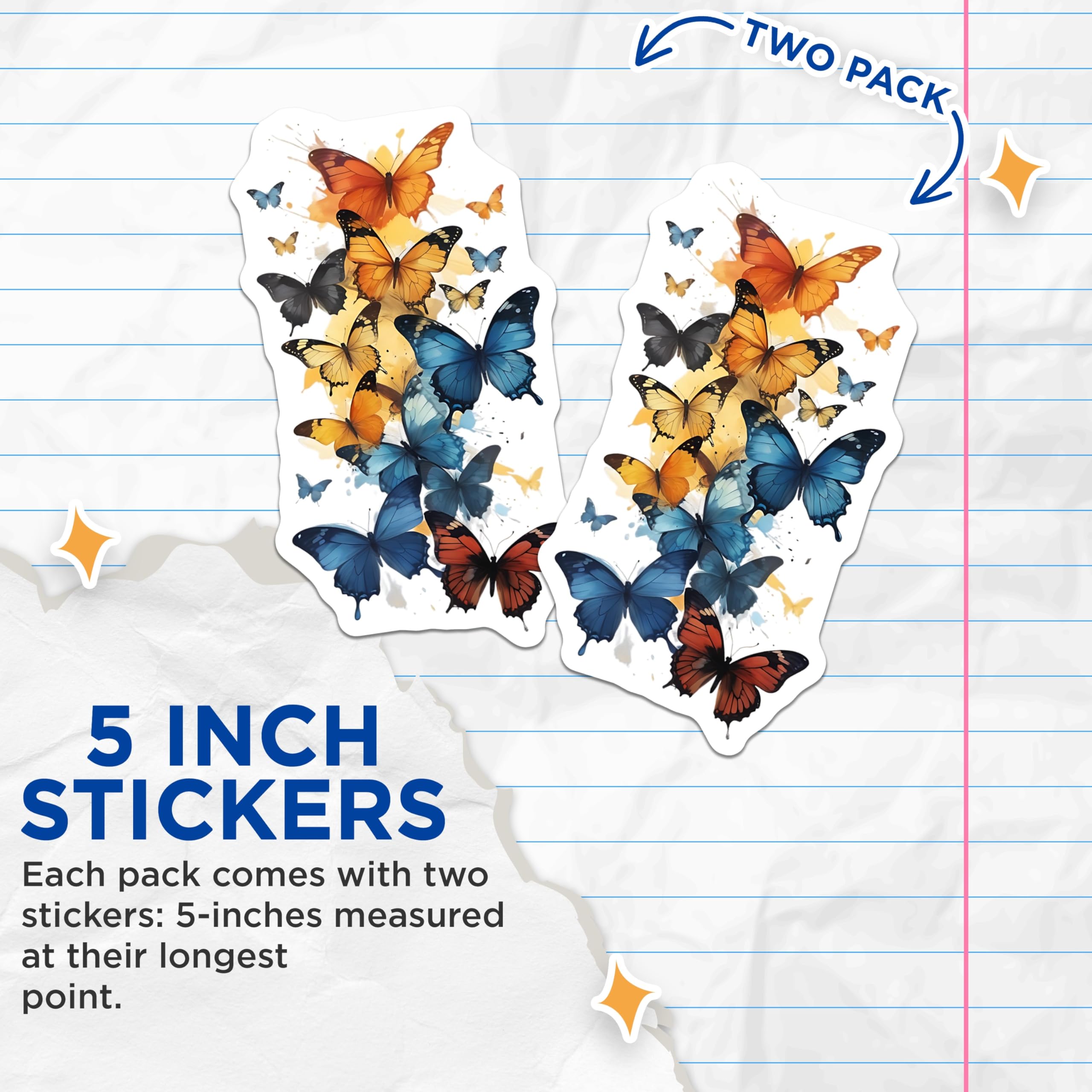 (2 Pack) Butterfly Stickers - Colorful Butterfly Decals - Nature Inspired Sticker - 5" On Longest Side - Sticks to Smooth Flat Surfaces - Made in USA - BMCS14288
