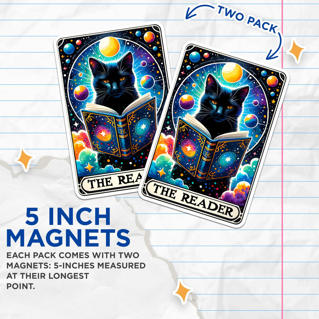 (2 Packs) The Reader Black Cat Reading Tarot Card Magnets - Mystical Magical Metaphysical Magnets - 5 Inches On Longest Side - Magnet - for Fridges, Toolboxes, Cars - Made in USA - MAG2537