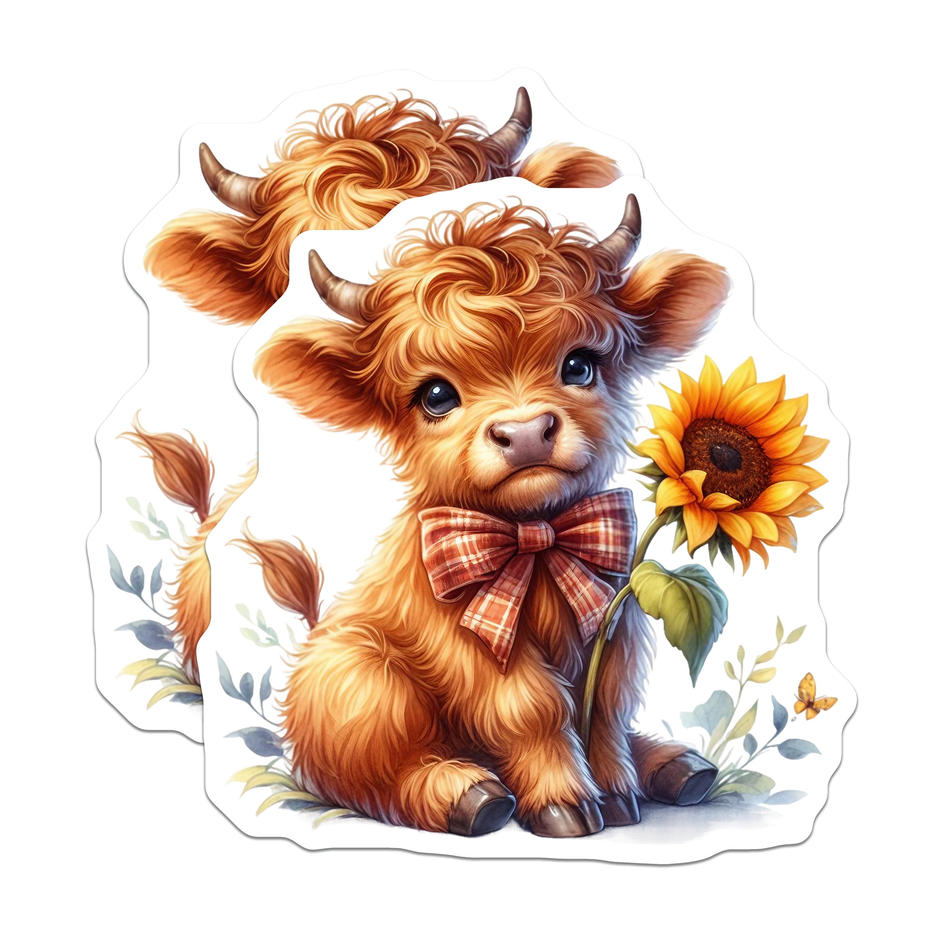 (2 Pack) Cute Highland Cow Magnets - Baby Calf Sunflower Kitchen Decor - Farmhouse Refrigerator Art - 5 Inches On Longest Side - Thick Durable Magnet - Made in USA - MAG37555