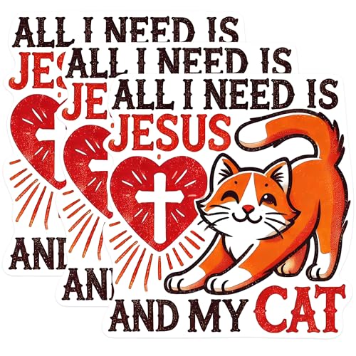 (3 Pack) Jesus and My Cat Decals - Christian Cat Lover - Religious Laptop Decal - 3 Inches On Longest Side - Easy Peel & Apply - Made in USA - 3MCS0964