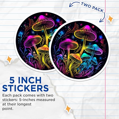 (2 Pack) Vibrant Neon Mushroom Stickers - Psychedelic Art - Colorful Fungi Sticker Pack - 5" On Longest Side - Sticks to Smooth Flat Surfaces - Made in USA - BMCS6786