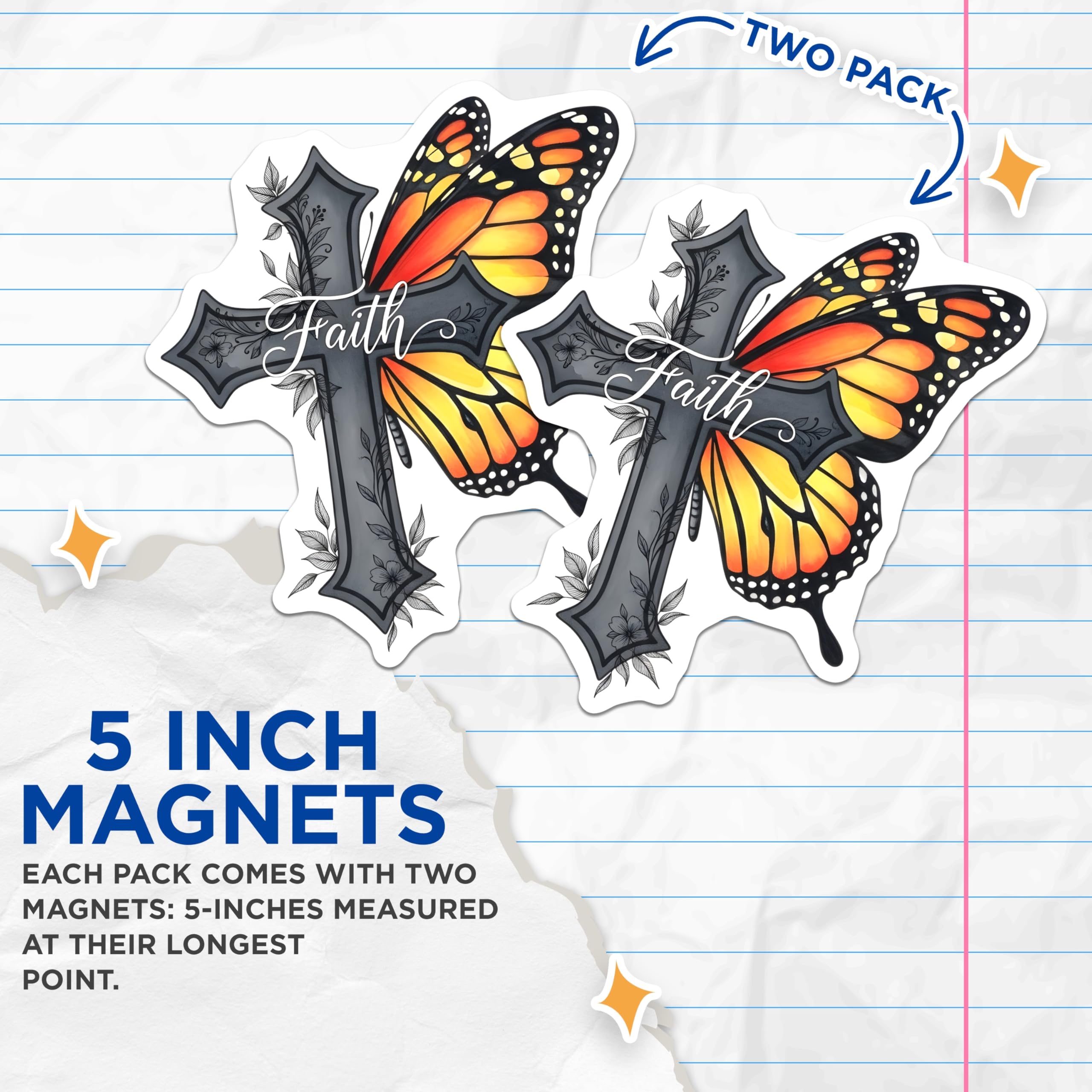 (2 Pack) Faith Butterfly Cross Magnets - Religious Decor - Inspirational Fridge Magnets - 5" On Longest Side - Premium Magnet - for Cars, Refrigerators, Toolboxes, Lockers - Made in USA - MAG17206