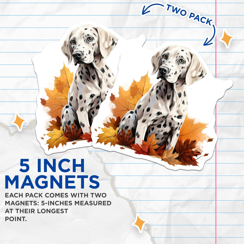 (2 Pack) Dalmatian Magnets - Autumn Dog Decor - Fall Leaf Pet Art - Dog Lover Gift Idea - 5 Inches On Longest Side - Thick Durable Magnet - Made in USA - MAG23467