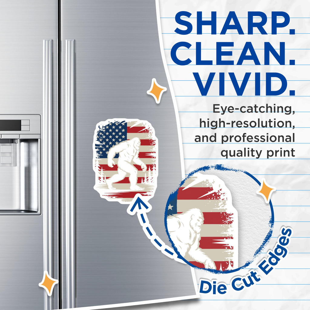 (2 Pack) Bigfoot American Flag Magnets - Patriotic Cryptid Decor - Sasquatch Forest Adventure - 5 Inches On Longest Side - Thick Durable Magnet - Made in USA - MAG20760