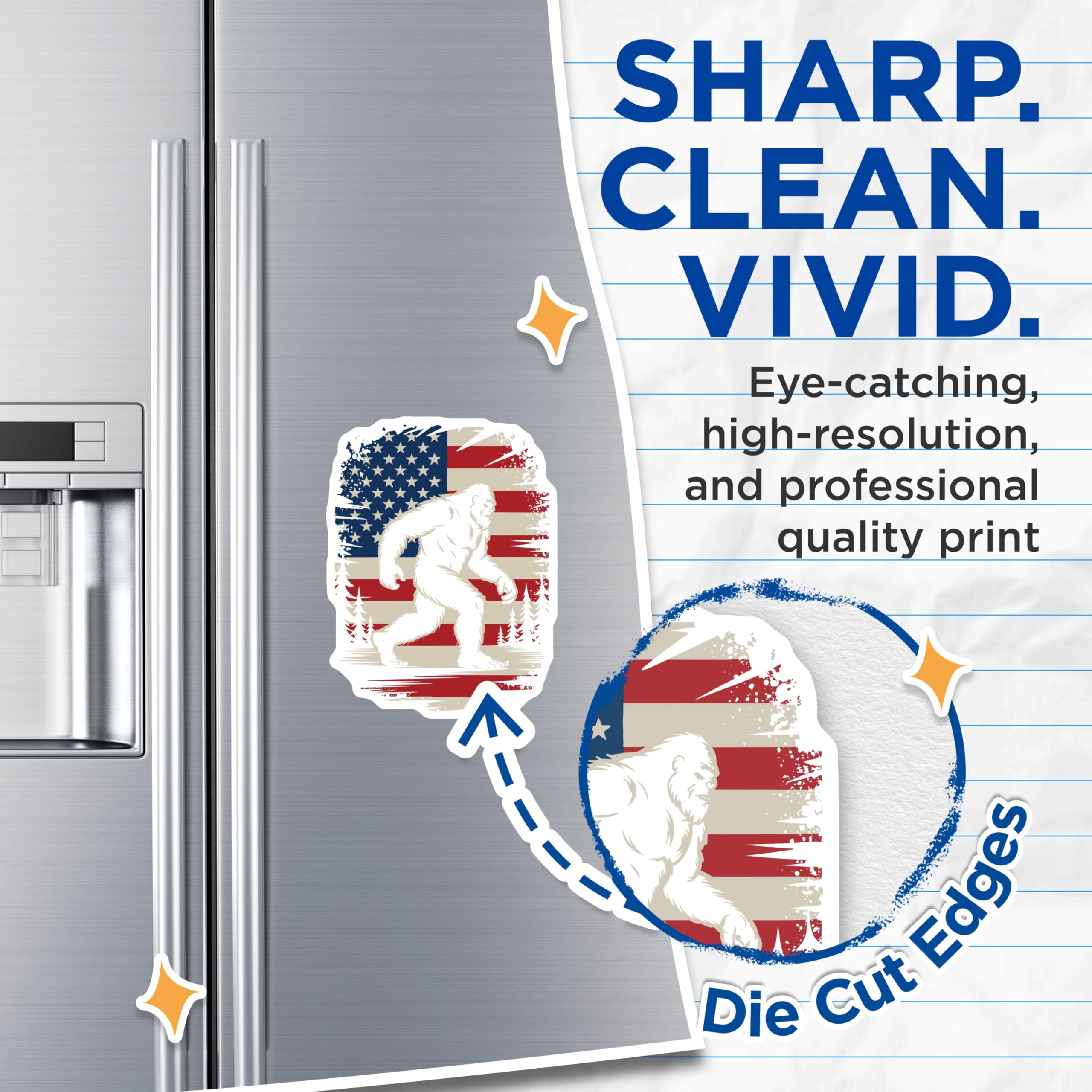 (2 Pack) Bigfoot American Flag Magnets - Patriotic Cryptid Decor - Sasquatch Forest Adventure - 5 Inches On Longest Side - Thick Durable Magnet - Made in USA - MAG20760