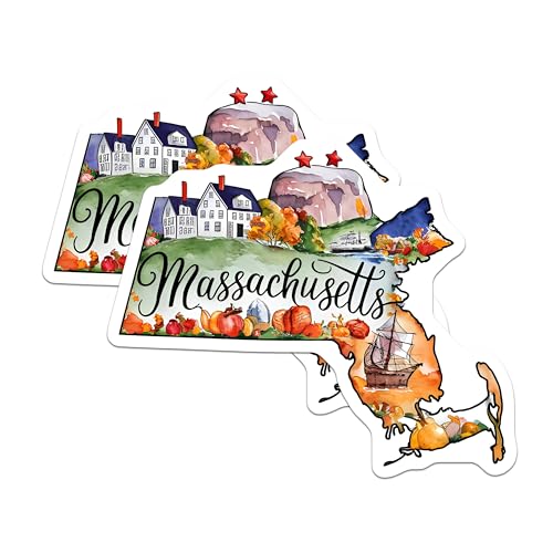 (2 Pack) Massachusetts State Sticker - New England Travel Sticker - Fall Aesthetic Sticker - 5" On Longest Side - Sticks to Smooth Flat Surfaces - Made in USA - BMCS6279