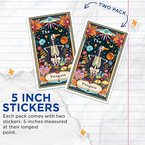 (2 Pack) Mystic Penguin Stickers - Skeleton Penguin Sticker - Floral Penguin Sticker - 5" On Longest Side - Sticks to Smooth Flat Surfaces - Made in USA - BMCS3706