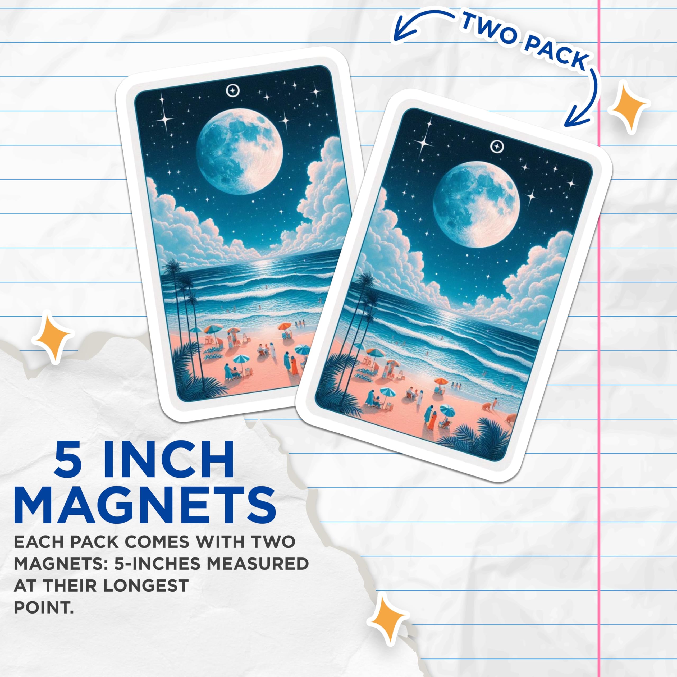 (2 Pack) Moonlit Beach Magnets - Ocean View - Celestial Theme Decor - 5" On Longest Side - Premium Magnet - for Cars, Refrigerators, Toolboxes, Lockers - Made in USA - MAG15269