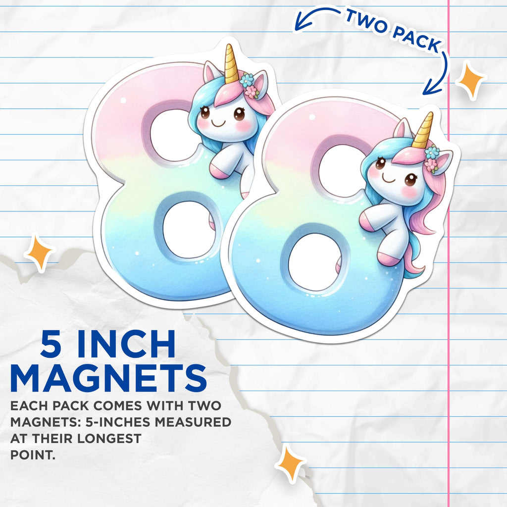 (2 Pack) Number 8 Unicorn Magnets - Birthday Age Eight - Pastel Unicorn Decor - 5" On Longest Side - Premium Magnet - for Cars, Refrigerators, Toolboxes, Lockers - Made in USA - MAG14149