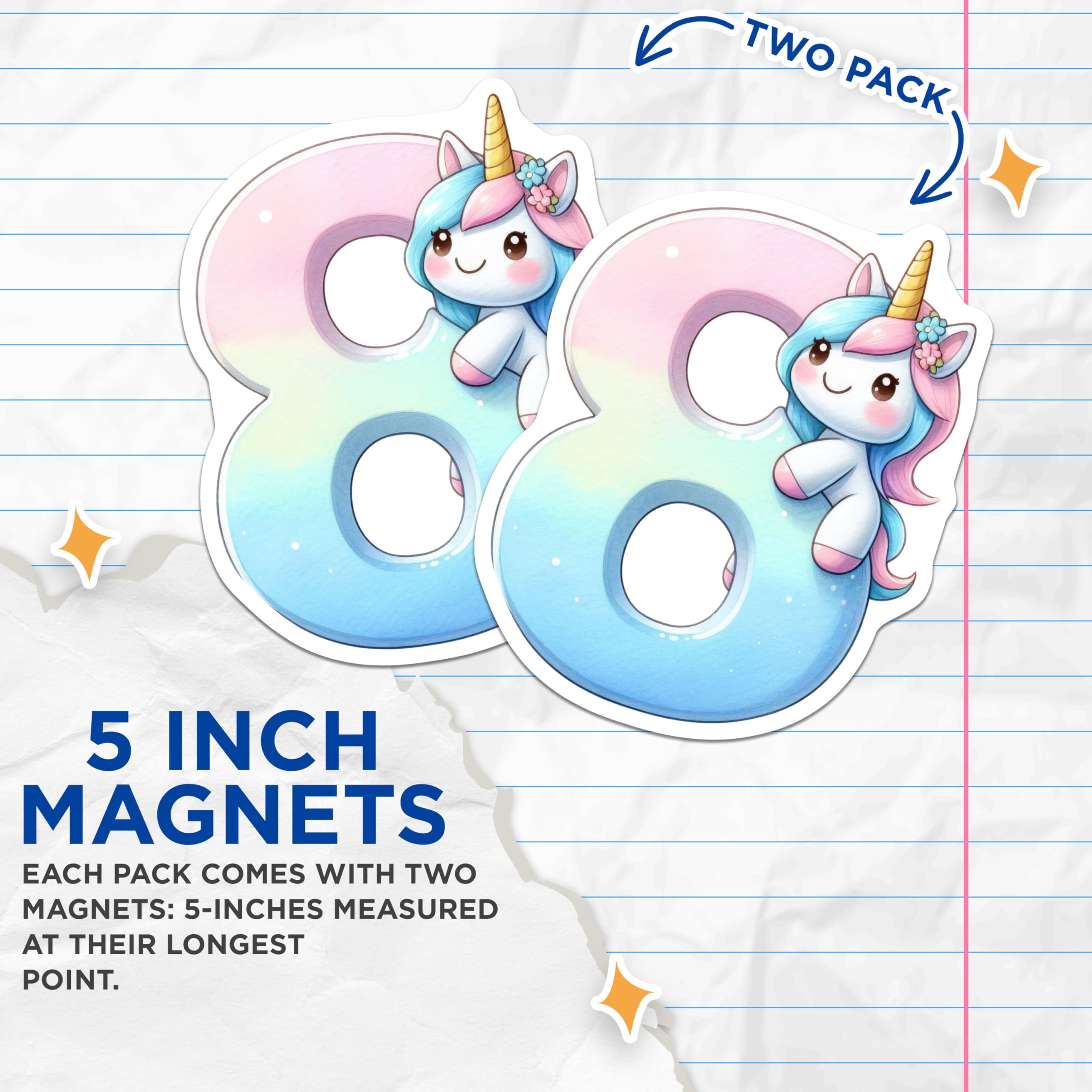 (2 Pack) Number 8 Unicorn Magnets - Birthday Age Eight - Pastel Unicorn Decor - 5" On Longest Side - Premium Magnet - for Cars, Refrigerators, Toolboxes, Lockers - Made in USA - MAG14149