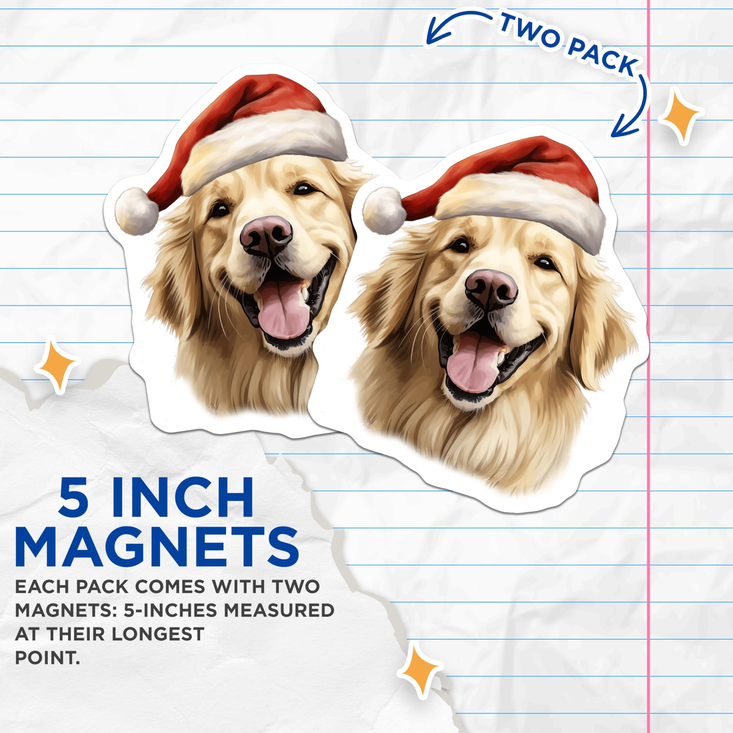 (2 Pack) Golden Retriever Christmas Magnets - Santa Dog Holiday Decor - Pet Lover Fridge Accessory - 5 Inches On Longest Side - Thick Durable Magnet - Made in USA - MAG26173