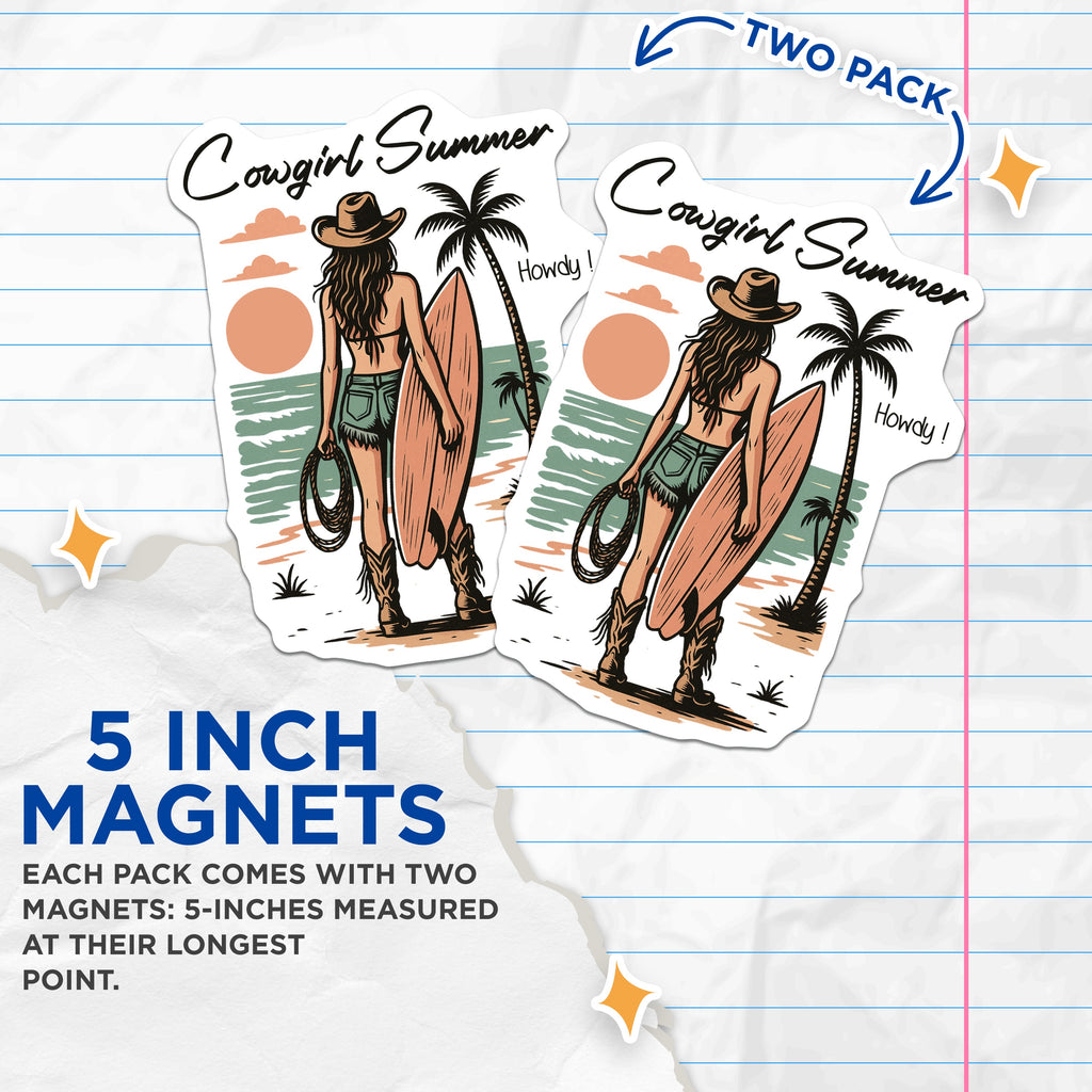 (2 Pack) Cowgirl Summer Magnets - Beachy Western Decor - Surf Girl Howdy Vibe - 5 Inches On Longest Side - Thick Durable Magnet - Made in USA - MAG36695