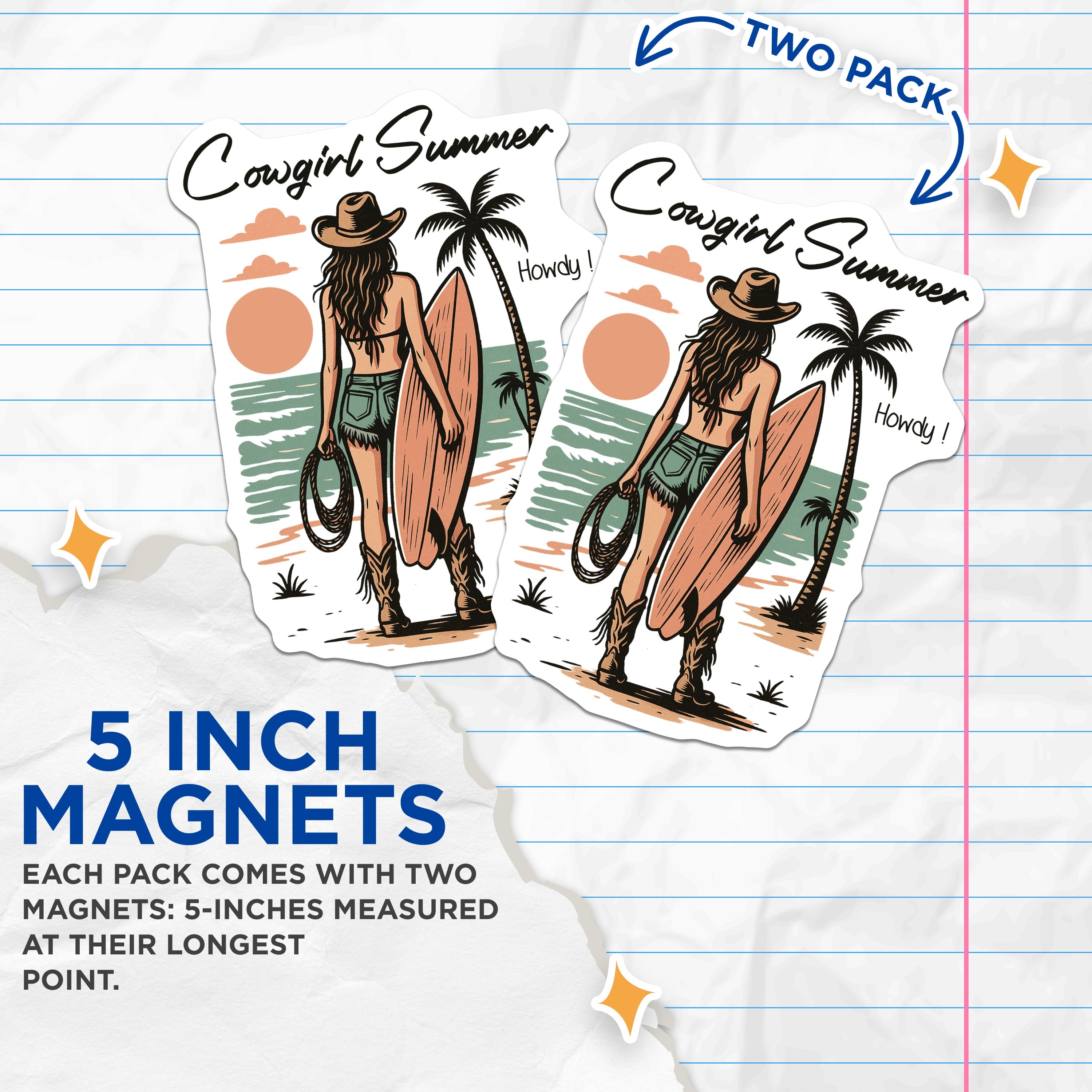 (2 Pack) Cowgirl Summer Magnets - Beachy Western Decor - Surf Girl Howdy Vibe - 5 Inches On Longest Side - Thick Durable Magnet - Made in USA - MAG36695
