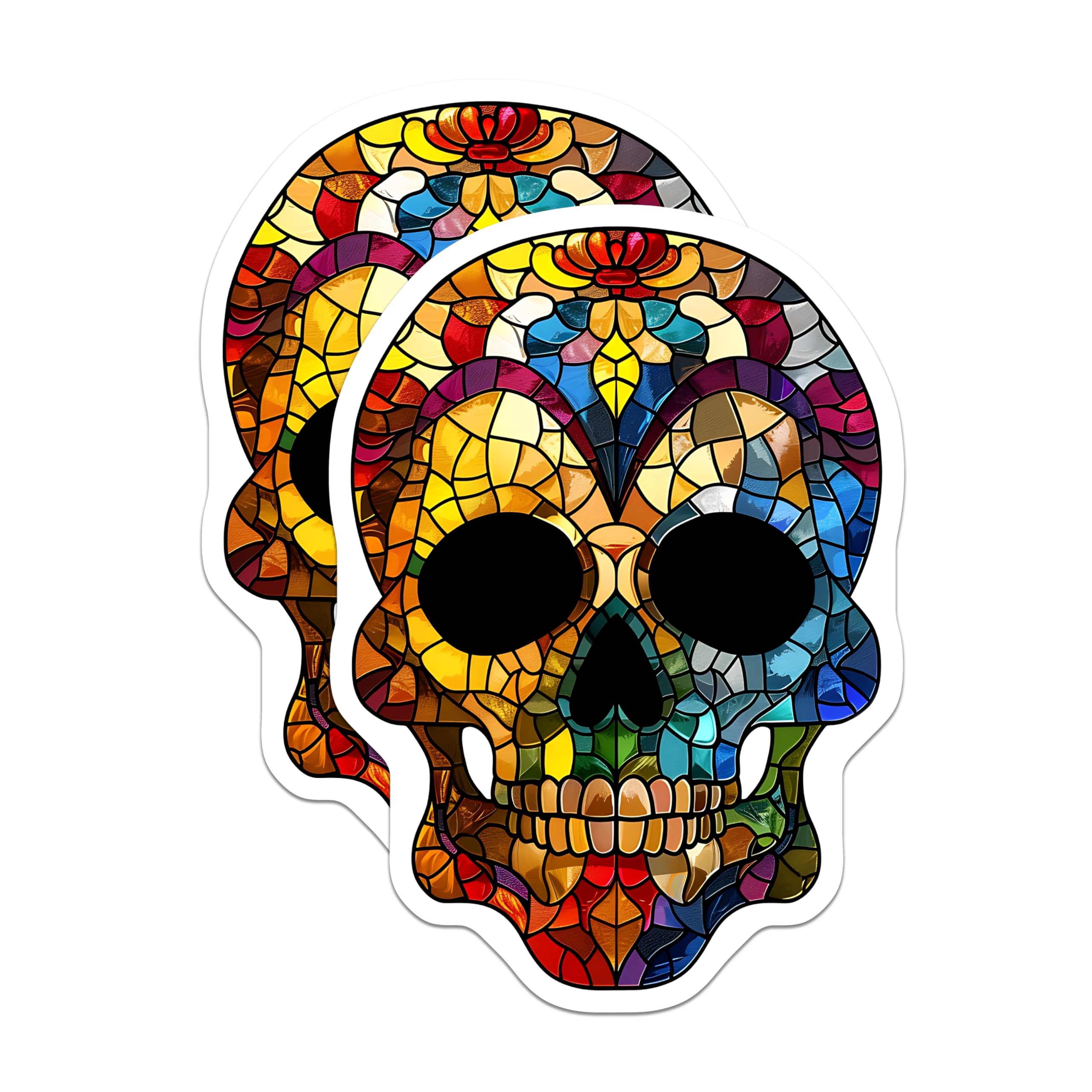 (2 Pack) Sugar Skull Stickers - Colorful Skull - Stained Glass Skull Art- 5" On Longest Side - Sticks to Smooth Flat Surfaces - Made in USA - BMCS16917