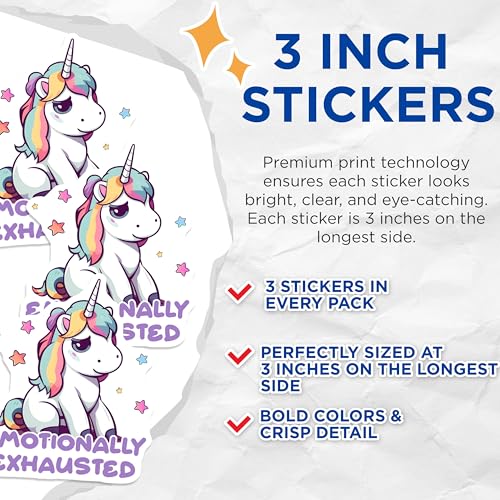 (3 Pack) Emotionally Exhausted Unicorn Decals - Cute Unicorn Stickers - Laptop Decals - 3 Inches On Longest Side - Easy Peel & Apply - Made in USA - 3MCS6568