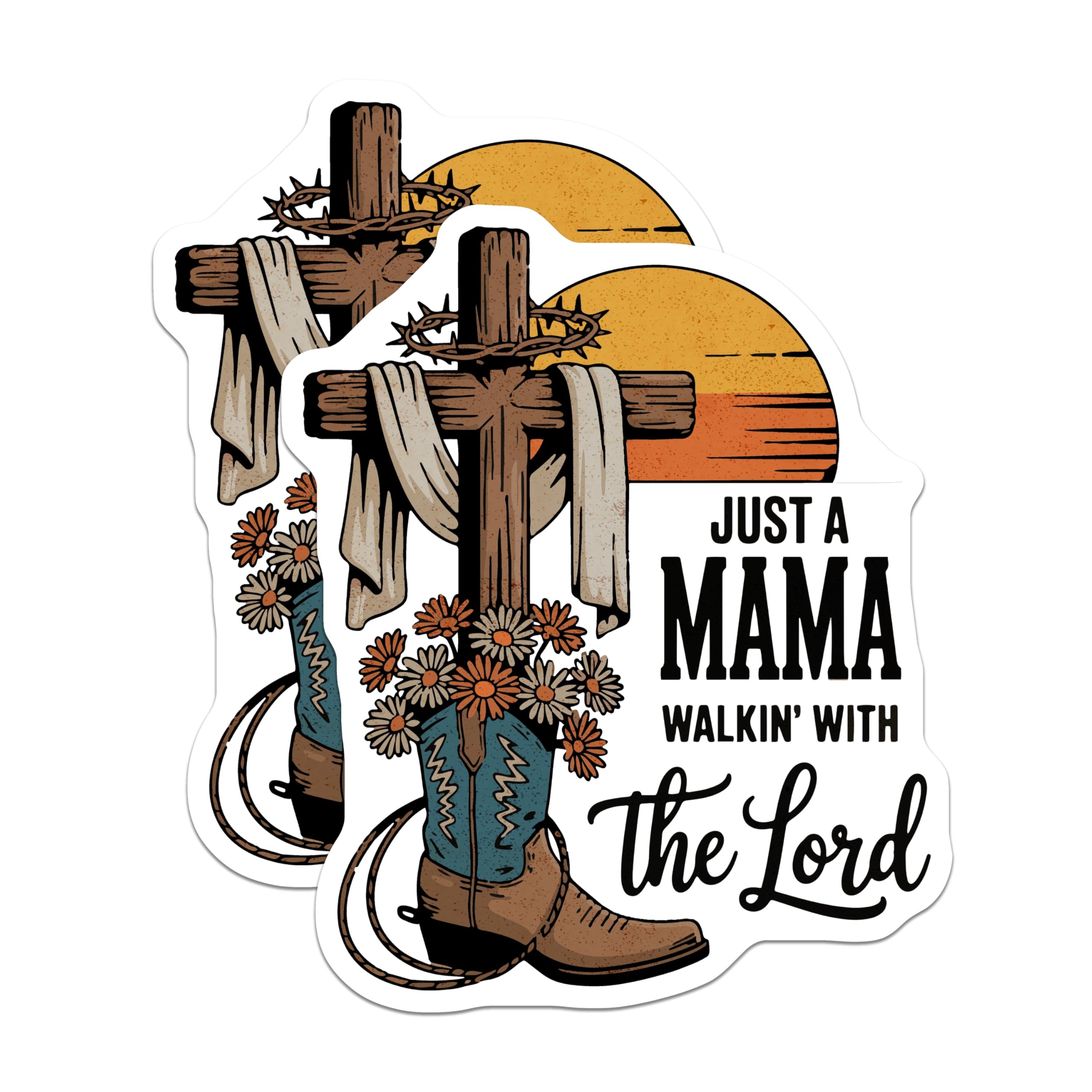 (2 Pack) Mama Walkin with The Lord Stickers - Christian Stickers - Cowboy Boot Stickers - 5" On Longest Side - Sticks to Smooth Flat Surfaces - Made in USA - BMCS14600