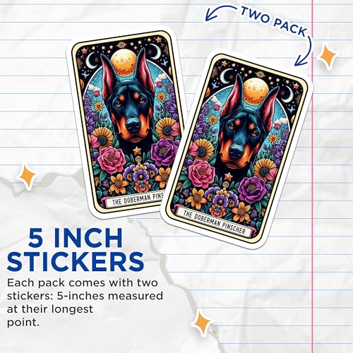 (2 Pack) Doberman Pinscher Dog Stickers - Artistic Dog Stickers - Vibrant Florals and Moon Stickers - 5" On Longest Side - Sticks to Smooth Flat Surfaces - Made in USA - BMCS4832