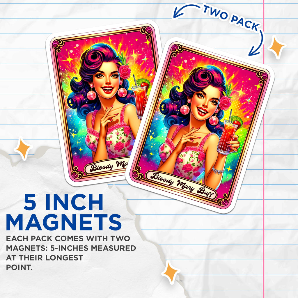 (2 Pack) Bloody Mary Buff Magnets - Vibrant Pop Art Cocktail Lover - Retro Kitchen Bar Refrigerator Locker Decor - 5 Inches On Longest Side - Thick Durable Magnet - Made in USA - MAG22656
